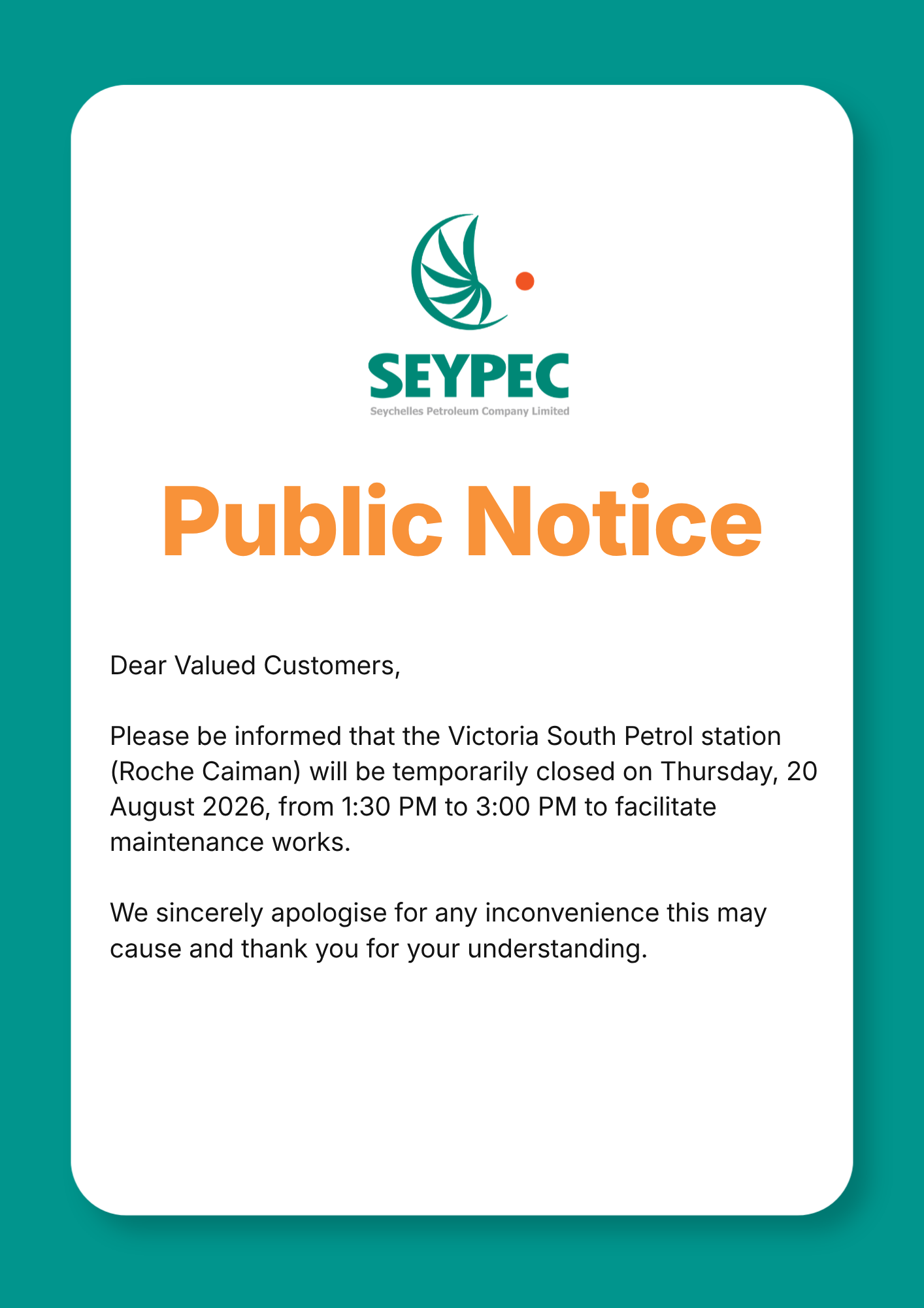Closure of Roche Caiman Station